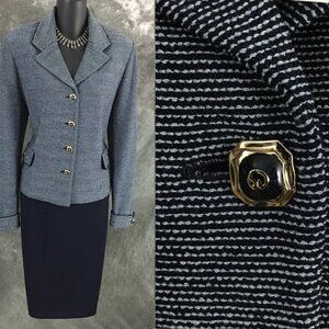 BEAUTIFUL St John collection knit blue multi jacket skirt suit size 8